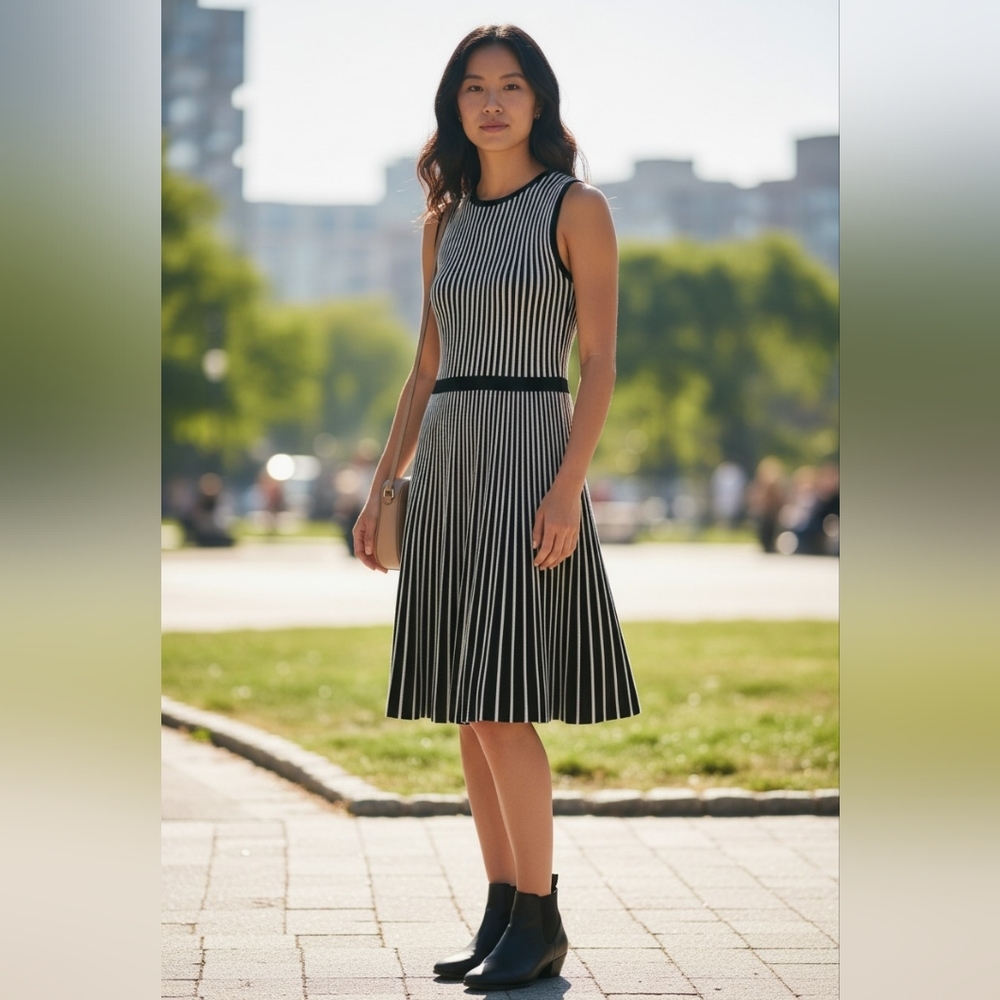Calvin Klein Fit n Flare Black White Pleats Designer Sweater Dress Summer Fall